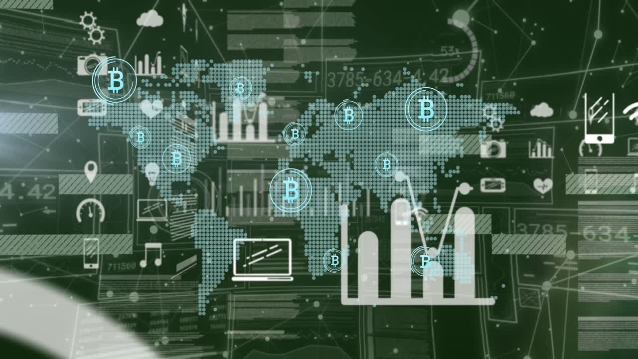 Animation of bitcoin, financial data processing over world map
