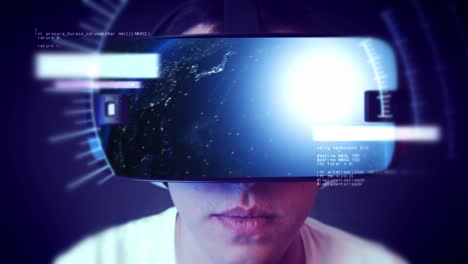 un joven guapo que usa auriculares vr y experimenta la realidad virtual.
