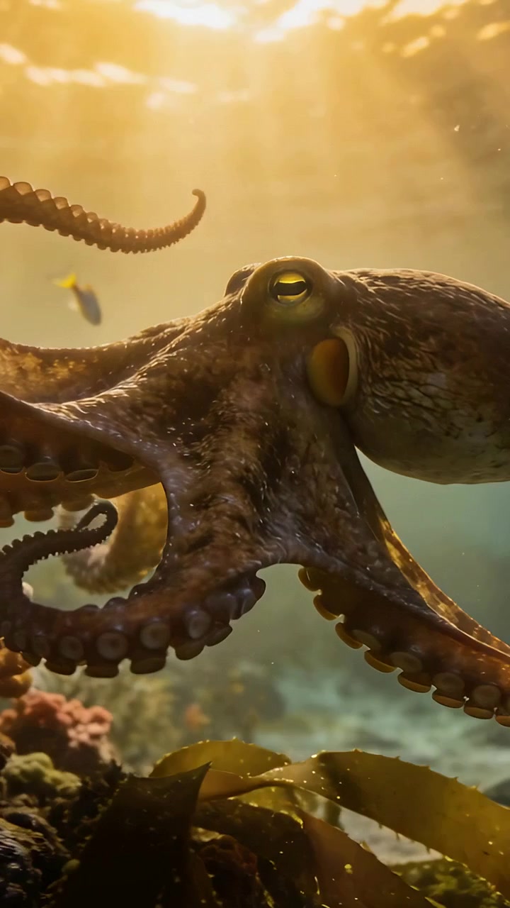 Vertical video: Gliding large octopus extending and curling arms across sunlit seafloor, with kelp