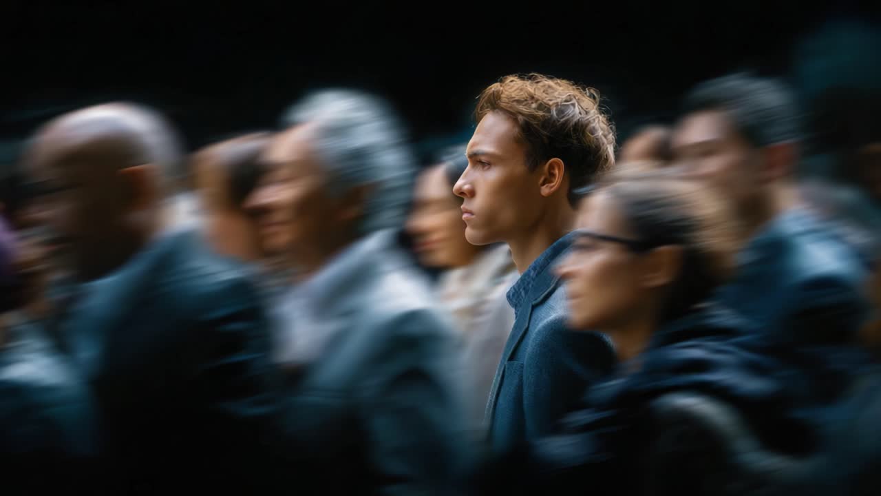 A solitary figure stands amidst a fast-moving crowd, embodying the contrast between individuality and the rush of urban life in a modern environment