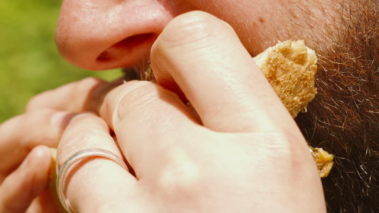 cámara lenta de primer plano de un joven barbudo comiendo un sándwich recién hecho en un soleado día de verano - clip conceptual de consumo en 4k