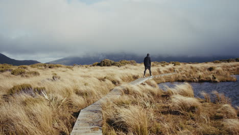 hiker on a wooden path through a misty mountain landscape
