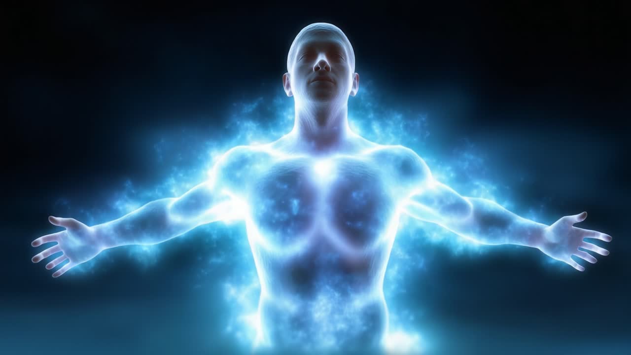 A mesmerizing display of ethereal energy emanates from the figure, showcasing a stunning visual of light and cosmic particles radiating outward in an otherworldly manner