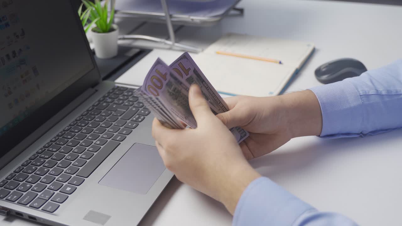 el empresario que vende en línea gana y cuenta dinero.