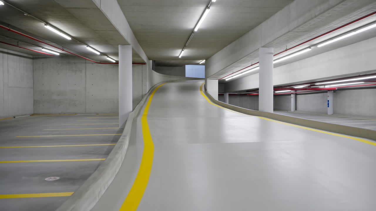 Garage sotterraneo moderno vuoto con rampa.