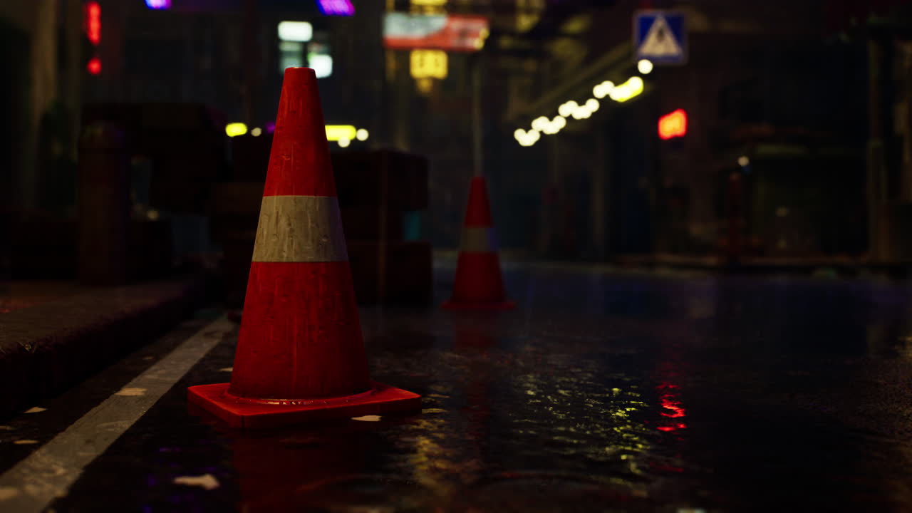 밤 에 도시 의 은 거리 에 있는 교통 콘