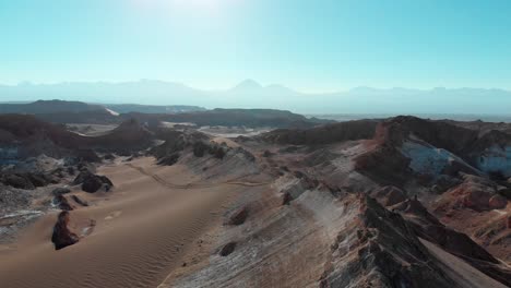 establishing aerial shot of mountains scenery in the desert with volcanoes on the horizon