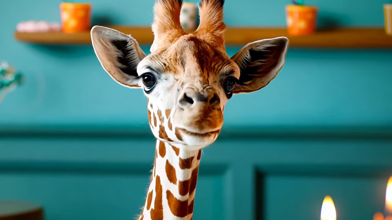 A giraffe standing in front of a birthday cake with candles