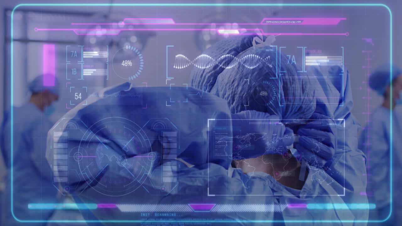 Animation of data processing and dna strand over diverse surgeons wearing face masks