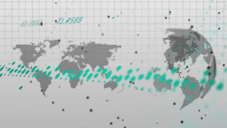 mapa del mundo con puntos de datos y valores numéricos, animación global de procesamiento de datos
