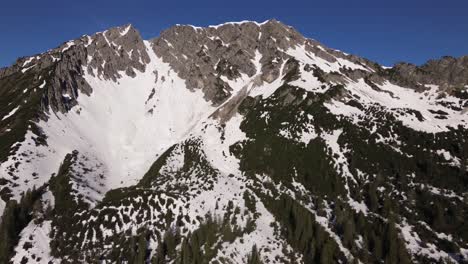 Drohnen-Diaaufnahme-Eines-Schneebedeckten-Berges,-Umgeben-Von-Kiefernwäldern,-Österreich,-Europa