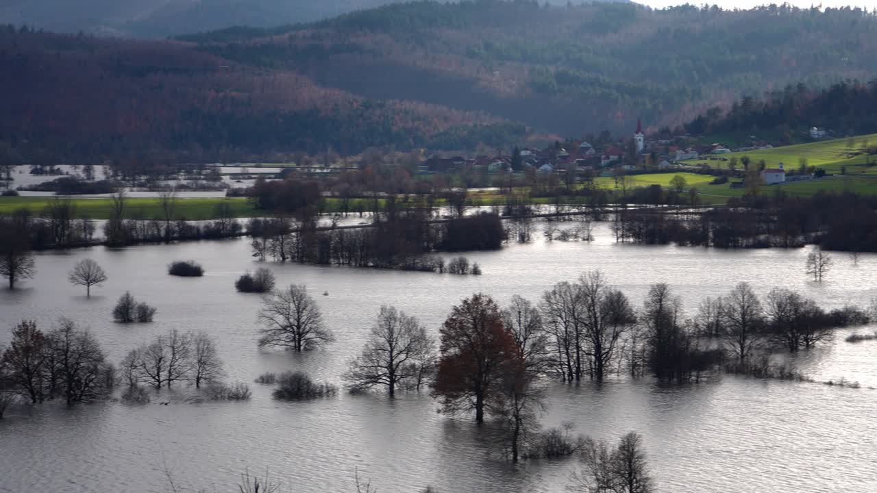 Überschwemmtes Feld und Bäume, die sich im Wasser spiegeln
