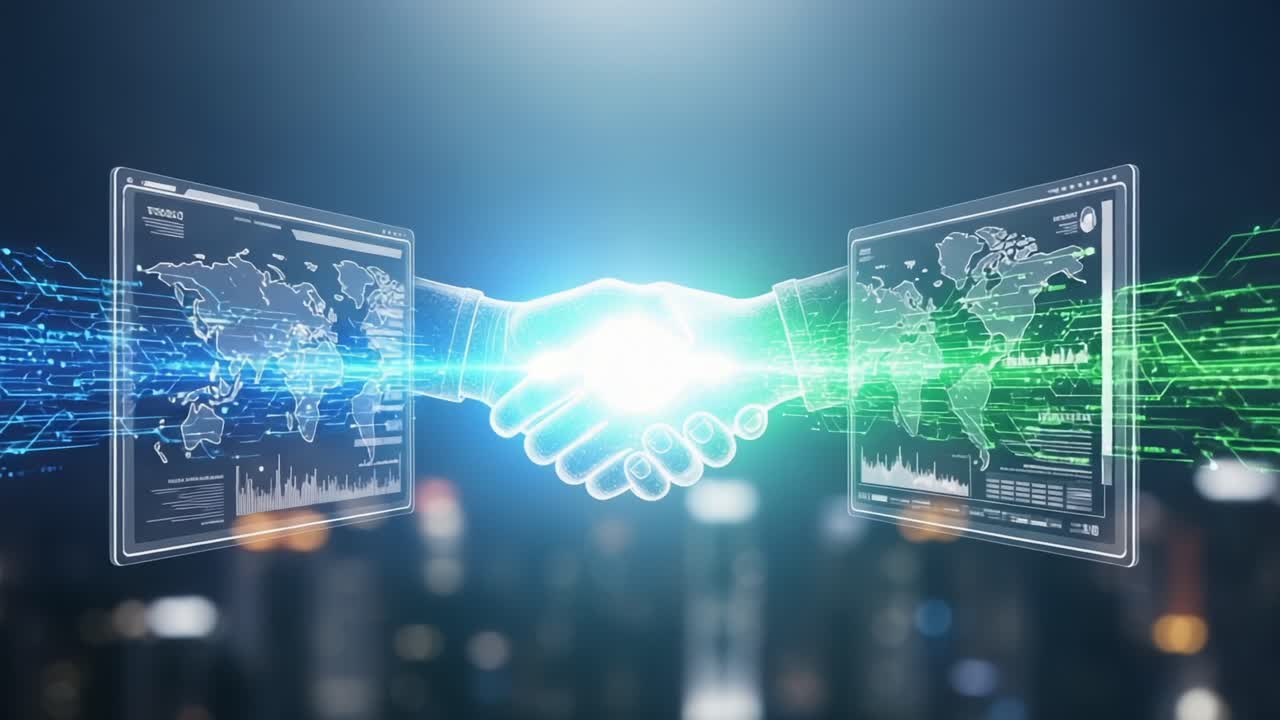 A Digital Alliance: Symbolic Handshake Representing Partnership and Collaboration in the Era of Technology and Innovation, Highlighting Data Exchange and Global Connectivity