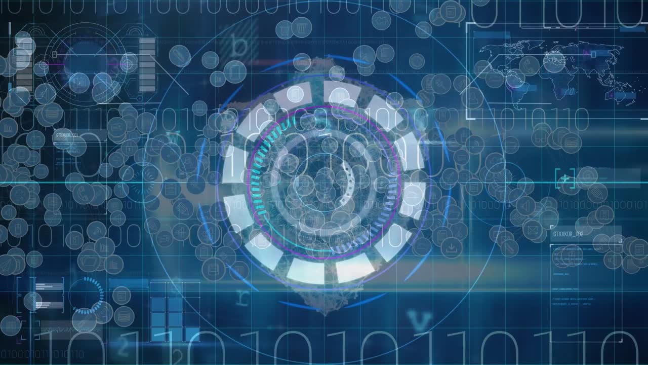 아이콘의 애니메이션, 스캔 및 다양한 데이터와 함께 디지털 화면을 통해 서클을 처리