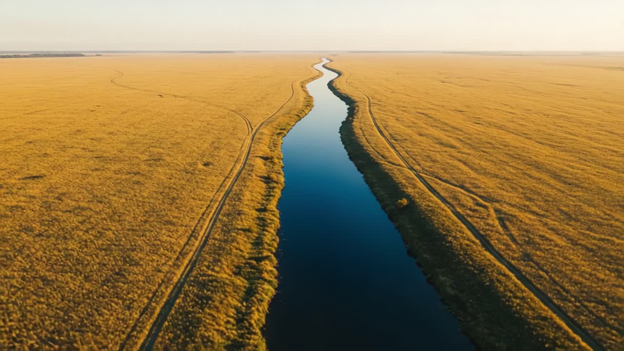 Una splendida veduta aerea di un fiume serpentino che serpeggia attraverso vasti campi dorati sotto un cielo terso all'alba