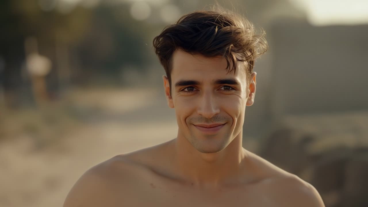 Homem sem camisa sendo gravado sorrindo para a câmera e mantendo contato visual em uma praia arenosa, com uma barreira de rochas.