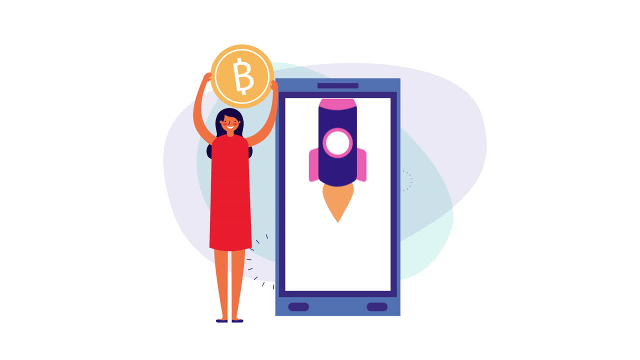 joven mujer de negocios con teléfono inteligente y bitcoin