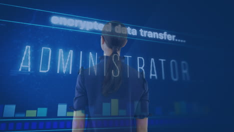 animation of interface with data processing over rear view of businesswoman against blue background