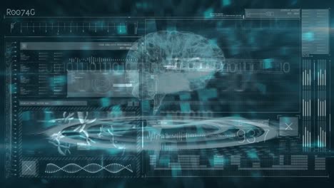 Animation-Des-Menschlichen-Gehirns,-Spinnen-Von-DNA-Strängen-Und-Datenverarbeitung