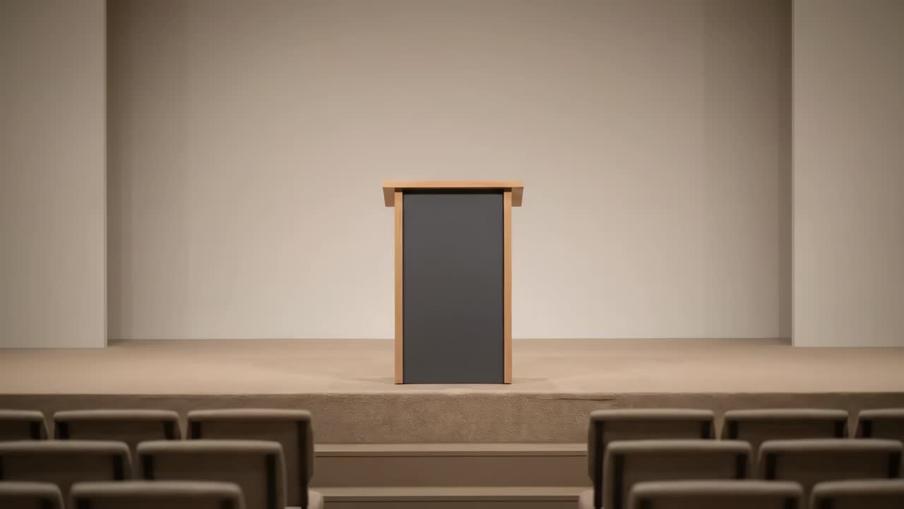 Tomt podium på en scene i et moderne auditorium