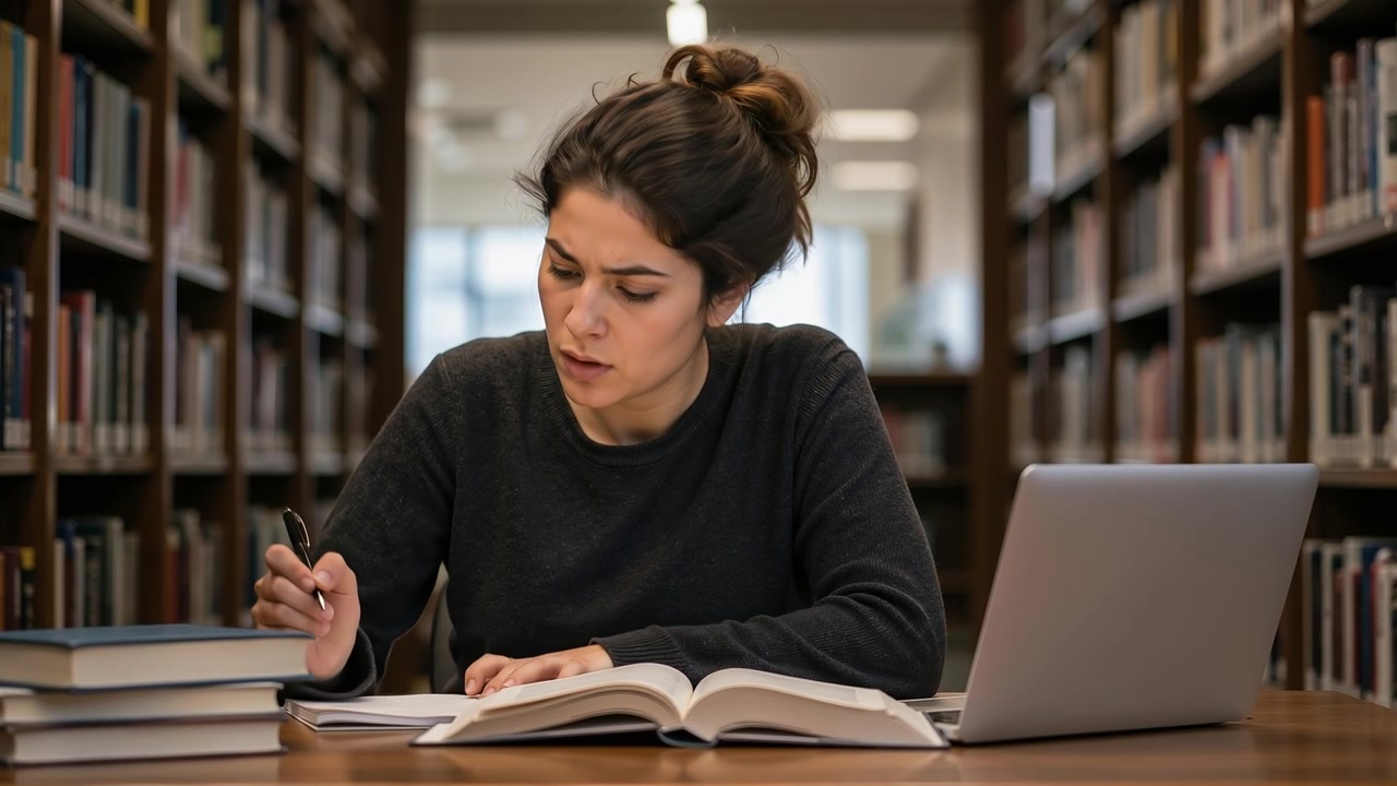 Ung kvinne som studerer og skriver i en notatbok ved et skrivebord i et stort bibliotek