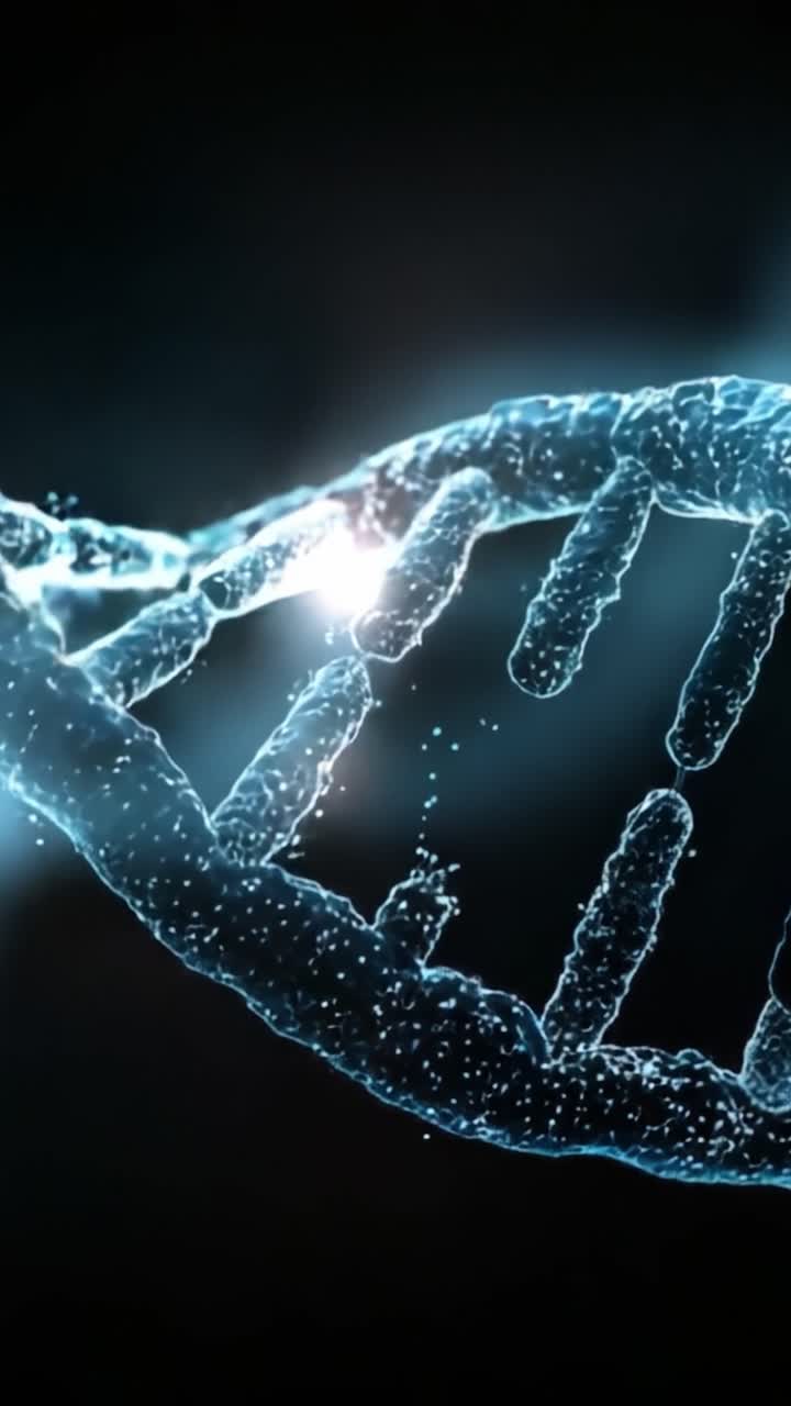 Visualizzazione accattivante della struttura a elica del DNA con particelle luminose, che evidenzia la complessità del materiale genetico su uno sfondo scuro mozzafiato.