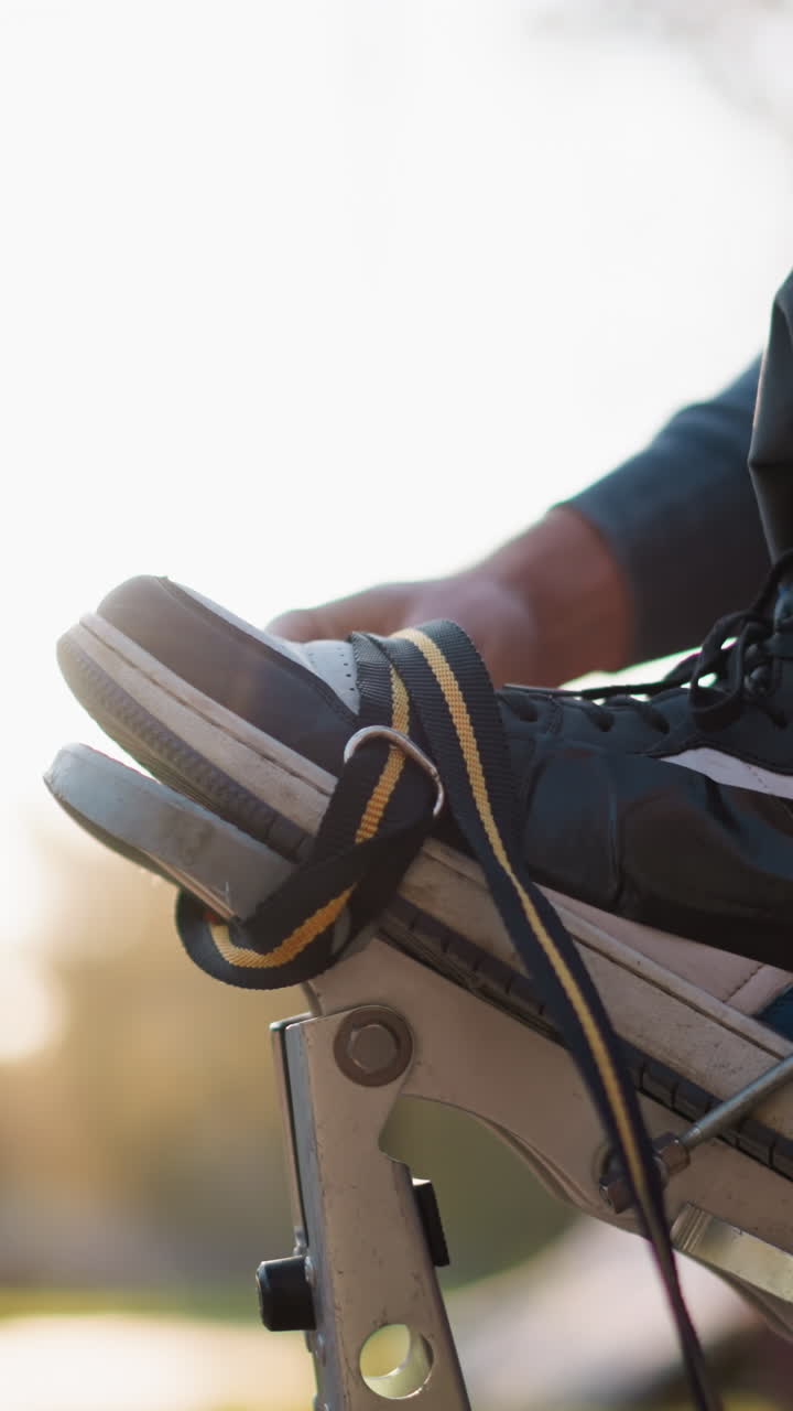 Close-up of male hand adjusting stilt straps with black and blue sneaker visible. He is wearing gray hoodie, with sunlight softly illuminating scene and blurred greenery in background