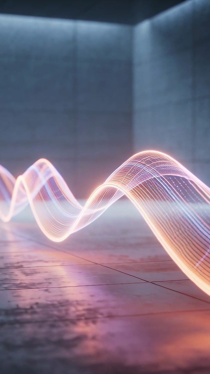 Emerging CGI luminous ribbon undulating across tiled floor in concrete room, creating reflections