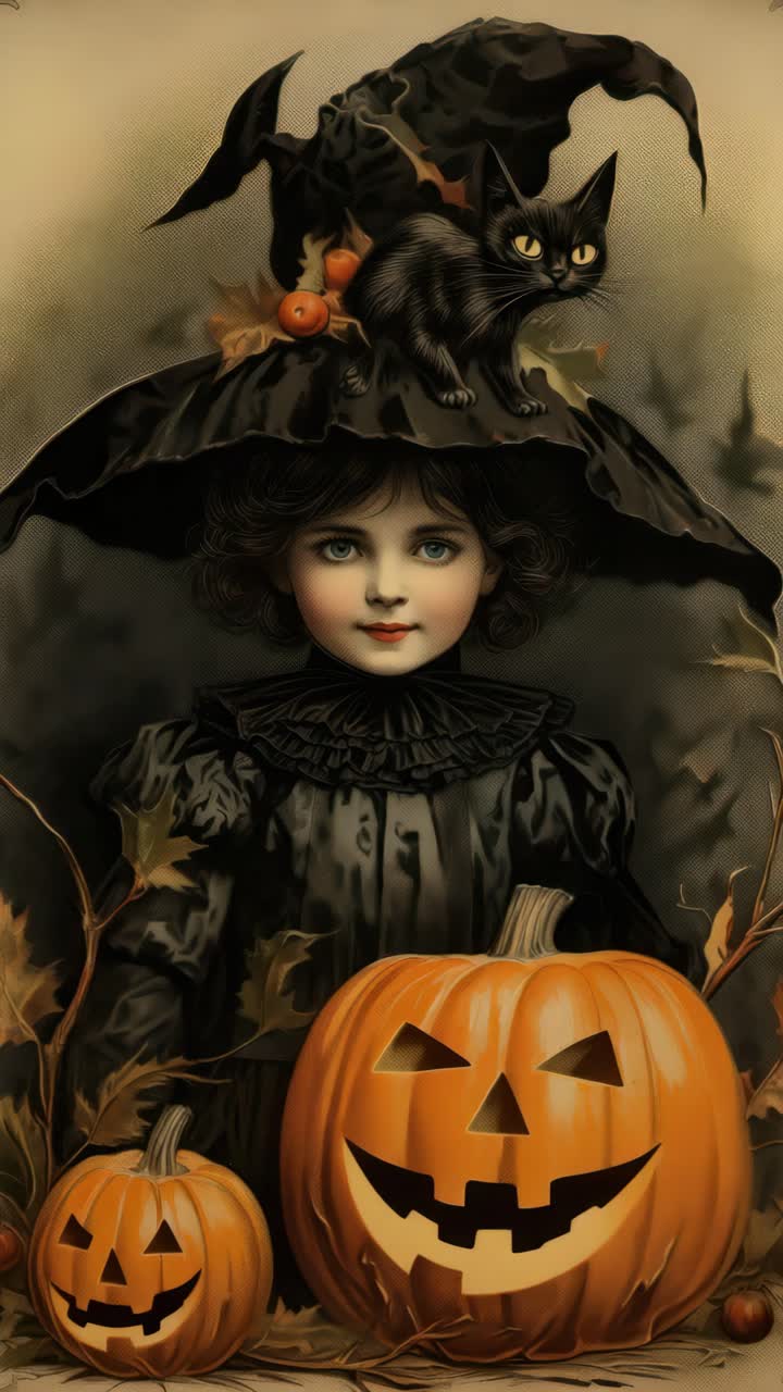 A vintage-style video still of a girl in a witch costume with a black cat on her hat