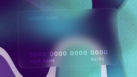 abstract sample of a credit card design on purple background with geometric shapes. motion. transparent bank card, concept of finance.