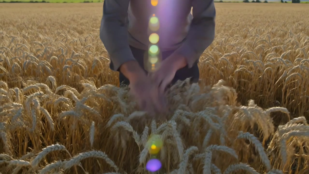 Gående mand med ærmer, oplyst af lens flare, bevæger sig gennem en hvedemark, mens hænderne stryger hen over kornet.