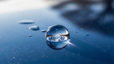 captivating close-up of a water droplet on a reflective surface sparkling under soft light, showcasing nature's beauty in a crystal clear form