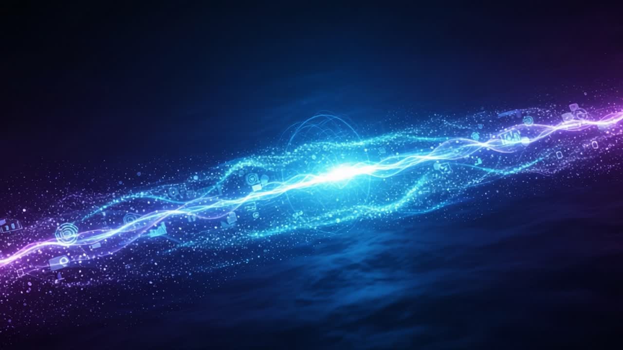 A Mesmerizing Display of Colorful Energy Waves Intertwining, Showcasing Dynamic Patterns of Light and Digital Elements Against a Deep Dark Background