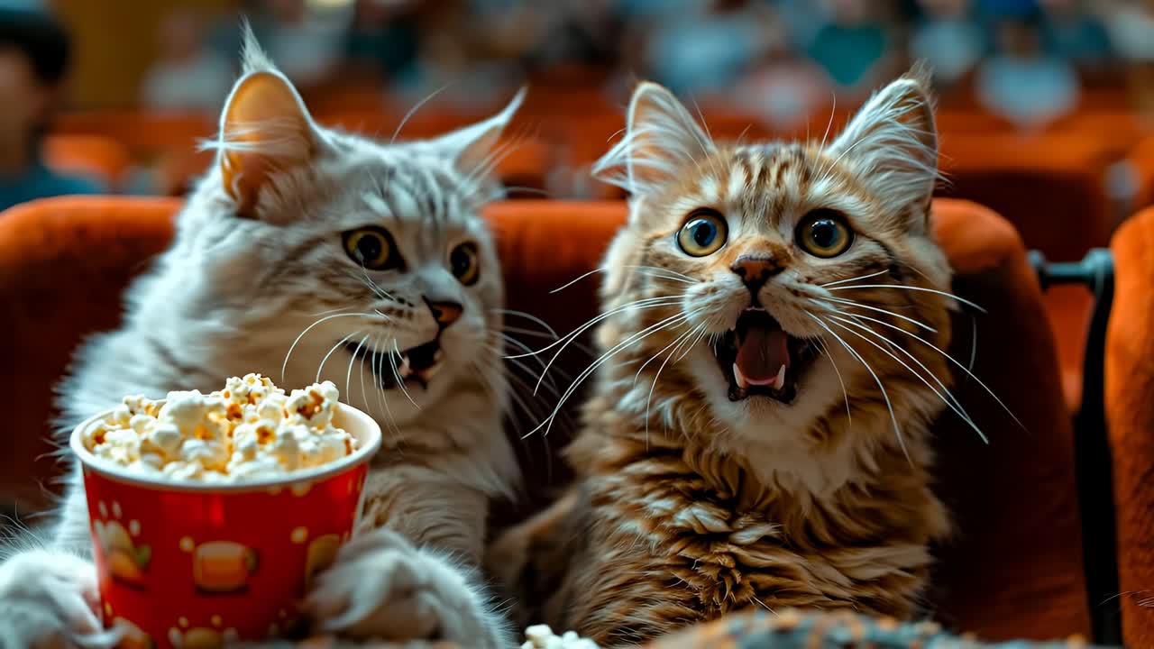 I gatti si godono i popcorn durante una serata cinema. Due gatti sono seduti sui sedili di una sala cinematografica. Un gatto tiene una piccola ciotola di popcorn e sembra eccitato.