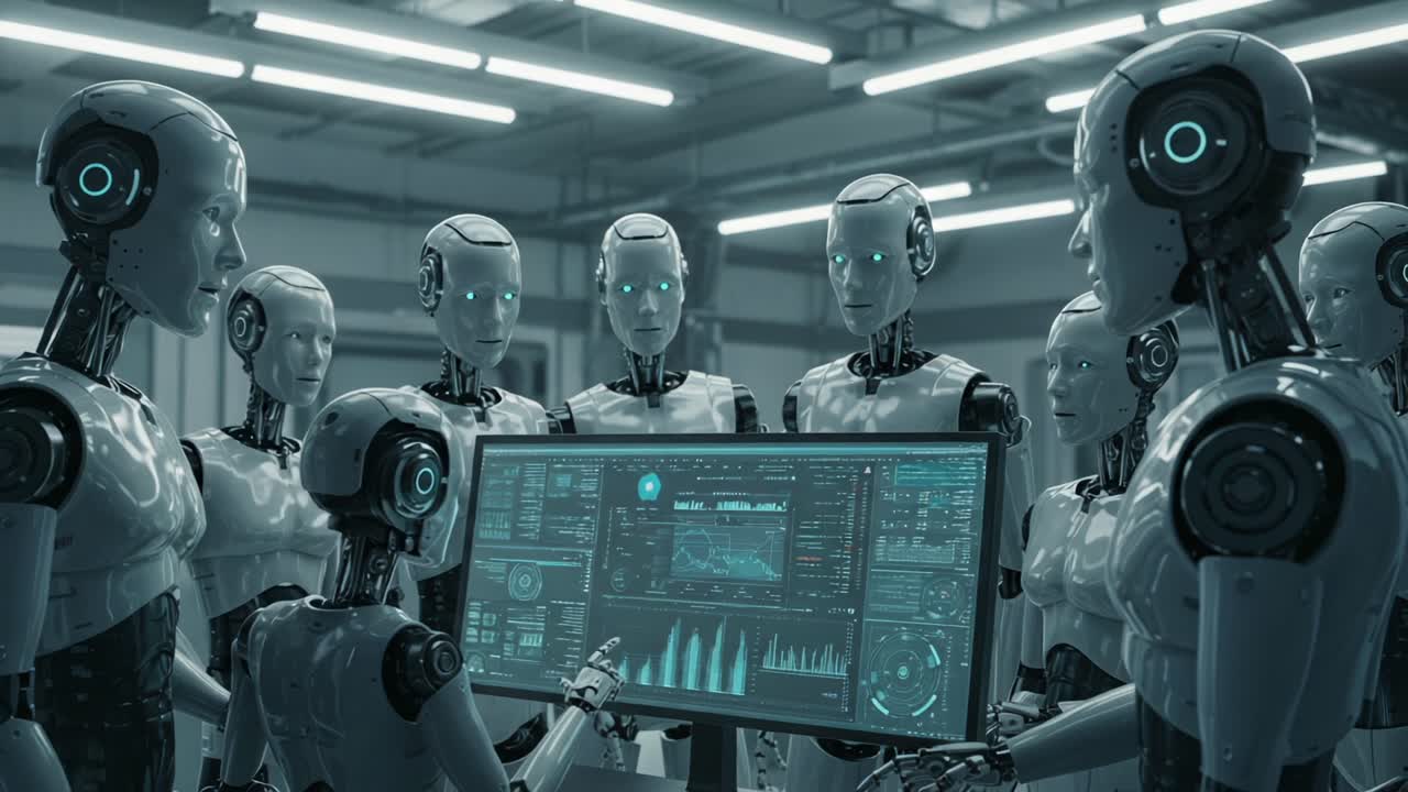 An Assembly of Advanced Robots Analyzing Data Visualizations on a Large Screen in a Futuristic Technology Lab, Exploring Artificial Intelligence Innovations and Collaboration