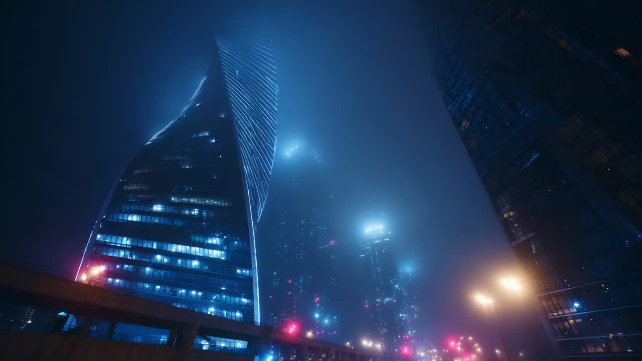 A Hauntingly Beautiful Urban Landscape Enveloped in Fog: Glimmering Skyscrapers and Futuristic Architecture Shrouded in Mystique, Capturing the Essence of Night in a Metropolis of Lights and Shadows