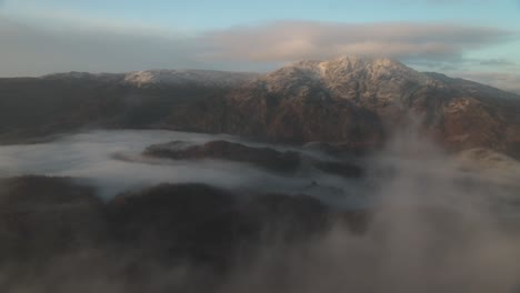 Schwenkaufnahme-Eines-Verschneiten-Ben-Veranstaltungsorts-Mit-Wolken-über-Loch-Katrine