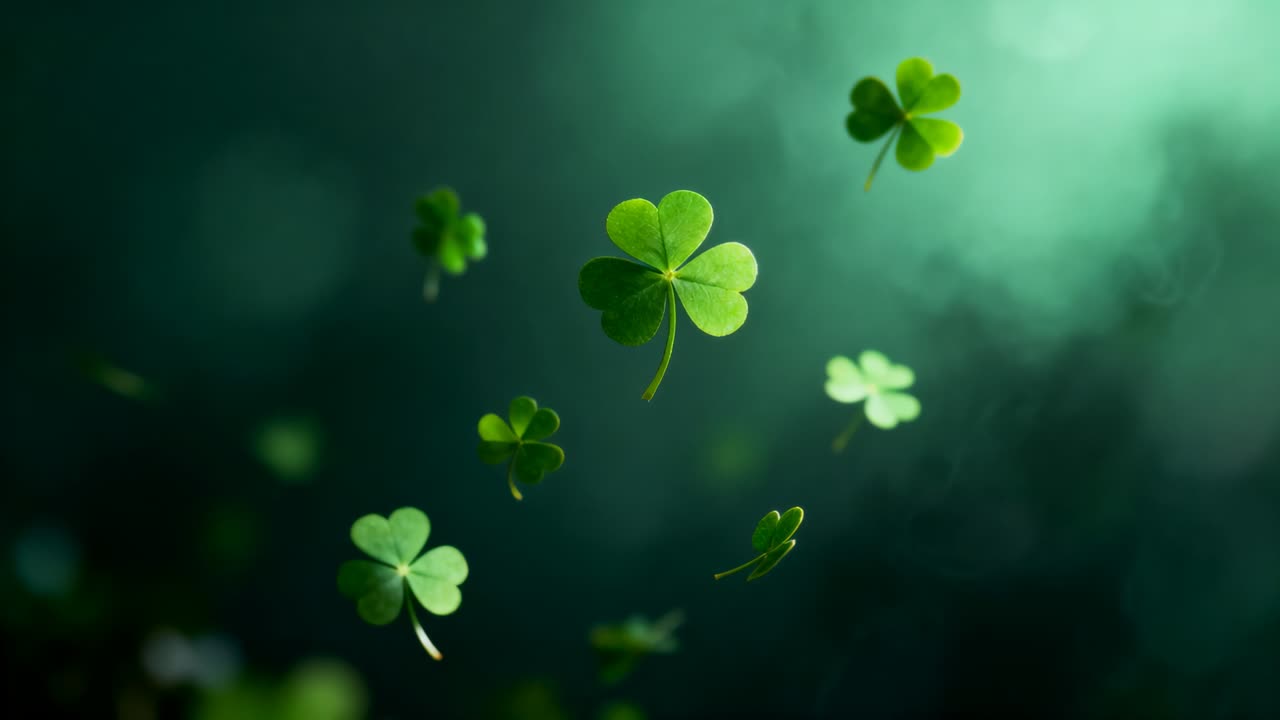 Gentle breeze sending floating clover leaves rotating and drifting through soft green field, bokeh