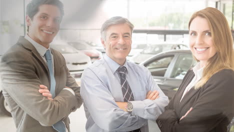 digital animation of business people standing arms crossed at car showroom 4k