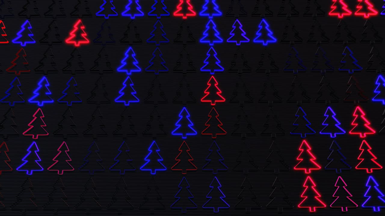 tarjeta de navidad con guirlanda azul roja, bombillas en forma de árbol de navidad en el avión. hermosa composición de año nuevo en bucle. bandera de año nuevo, guirlanda de neón o juguetes de navidad en forma de árboles de navidad