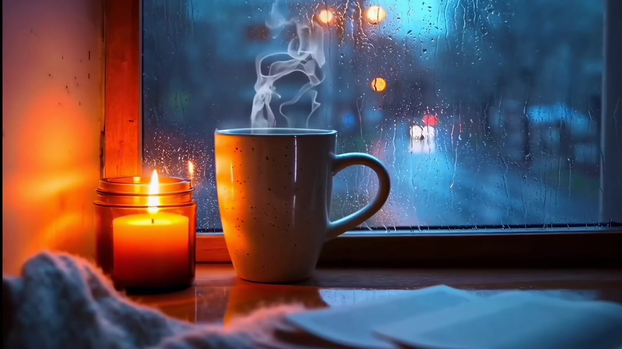 Serata accogliente con tazza fumante e candela accanto a una finestra sotto la pioggia