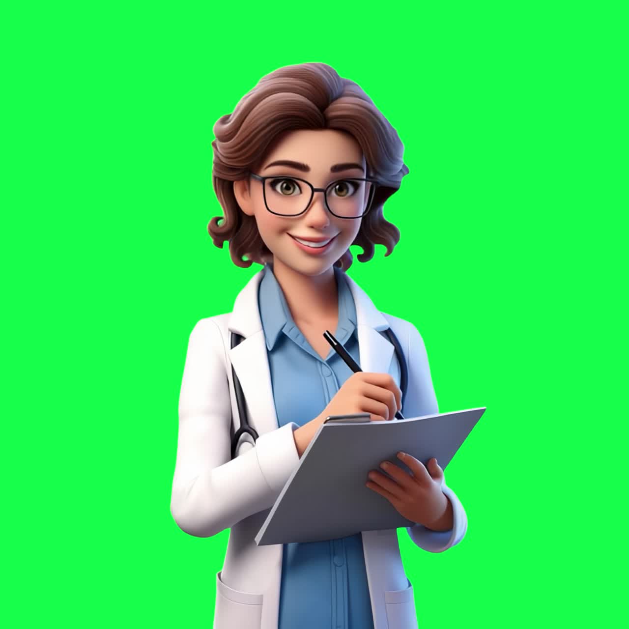 Animazione di un dottore animato che prende appunti, video 4K trasparente, green screen