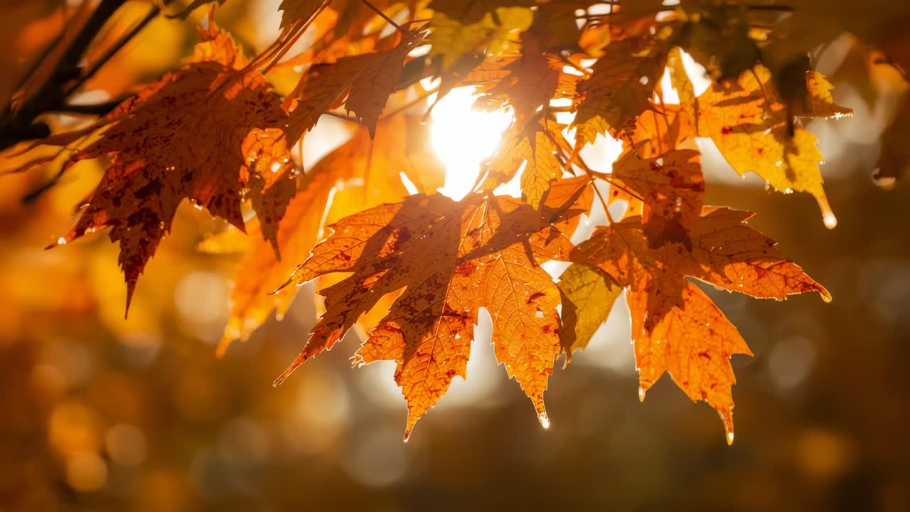 Breeze moving orange maple leaf cluster in autumn park, with water droplets refracting sunbeam rays