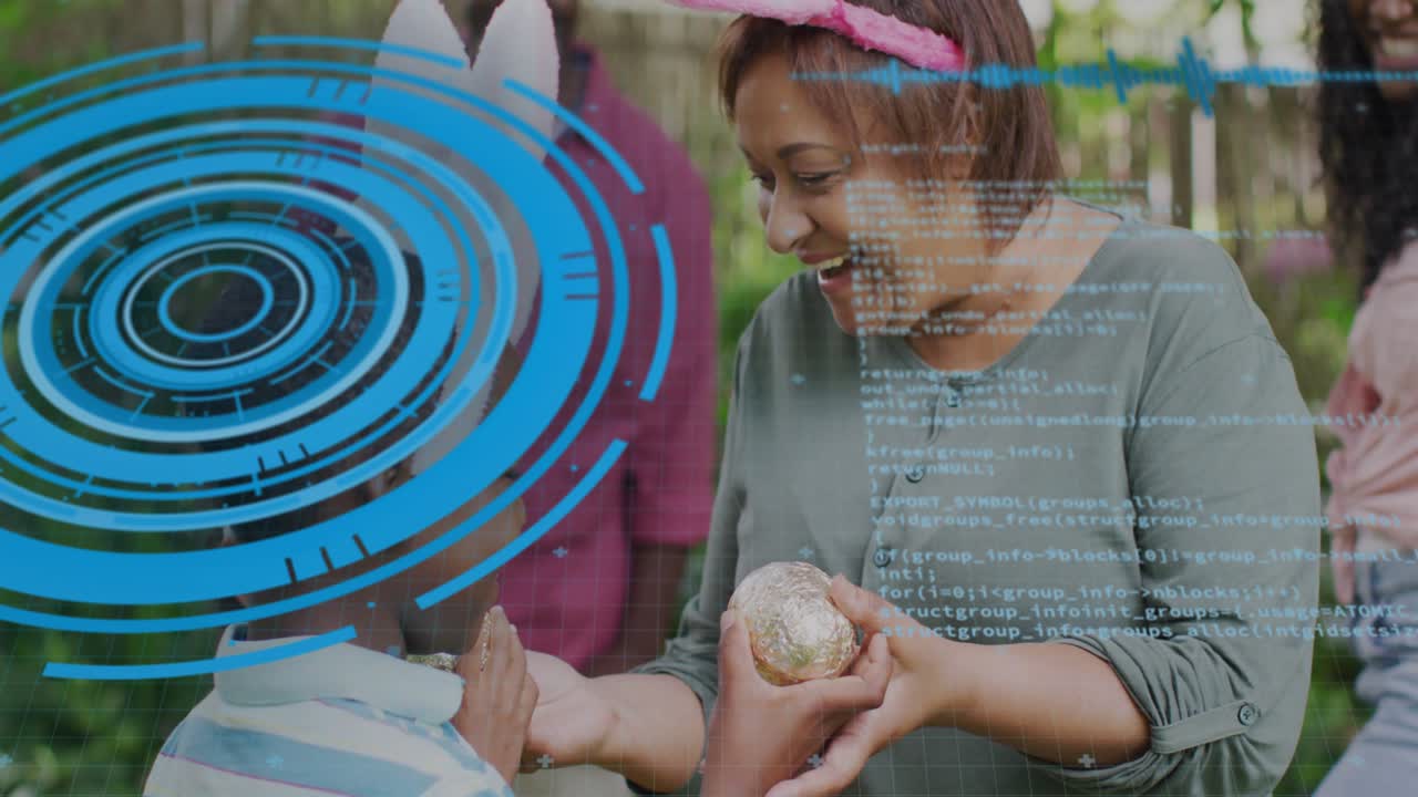 Mature woman offering decorated egg to child, HUD graphic and code overlaying exchange in tech demo