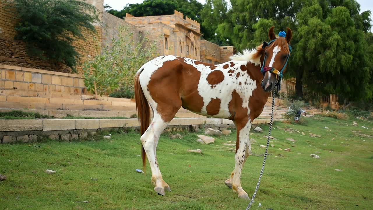 Cavallo in piedi in giardino vicino a un lago.