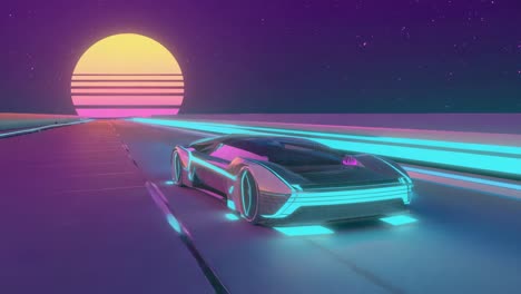 synthwave retro-futuristic car on a neon highway at night