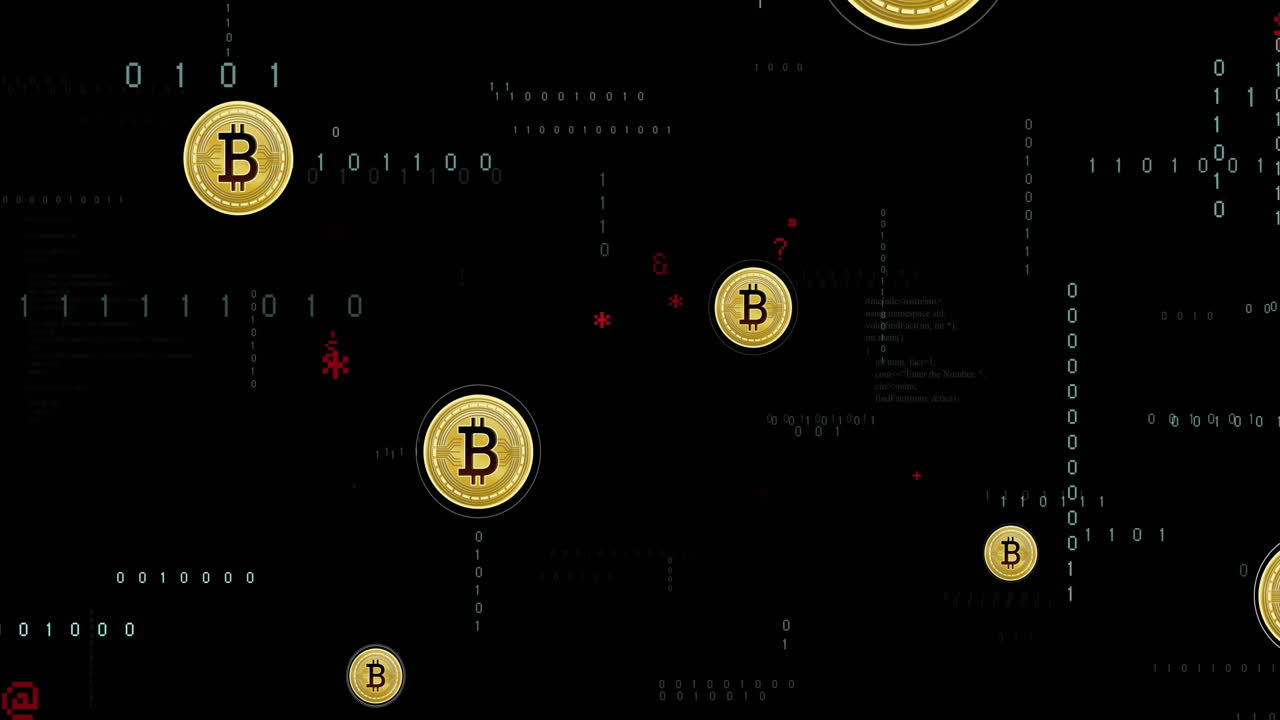 Animation of bitcoin currency icons financial data processing over binary coding