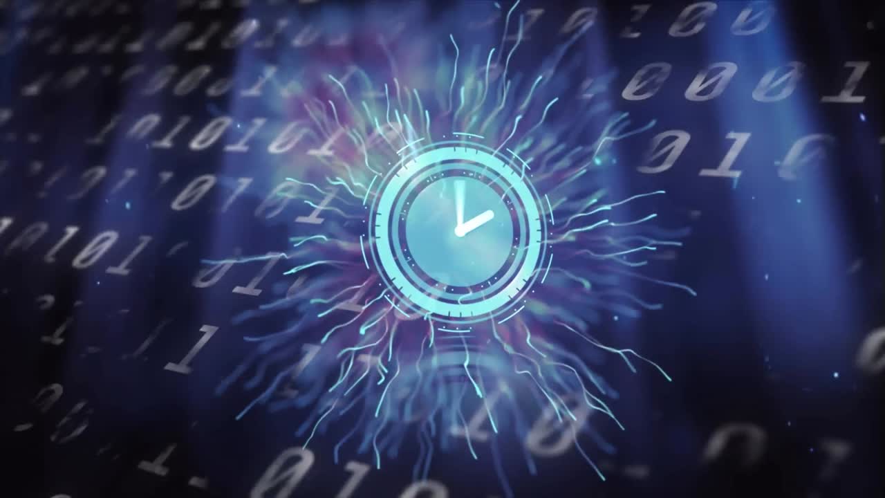 Animation of clock, with pink smoke explosion and binary data processing on black background