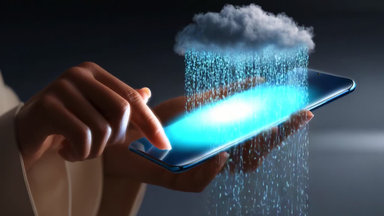 A modern depiction of digital innovation shows a hand interacting with a smartphone, where user interface elements are illustrated as rain cascading from a digital cloud, symbolizing connectivity and technology