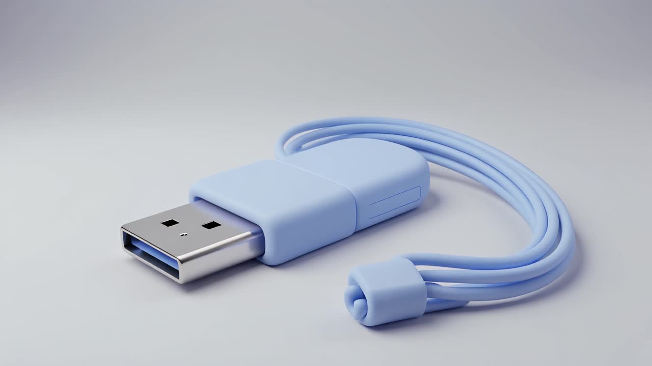 Lyseblåt USB-flashdrev med strop på hvid baggrund.
